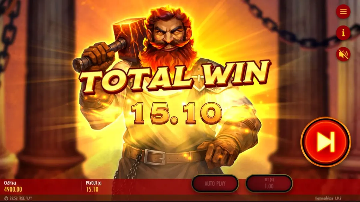 Tampilan visual slot Hammerblaze dengan latar belakang gunung berapi dan grid 7x7 yang membara.