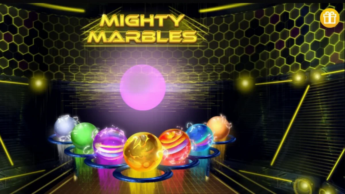 Tampilan visual neon futuristik dari slot Mighty Marbles